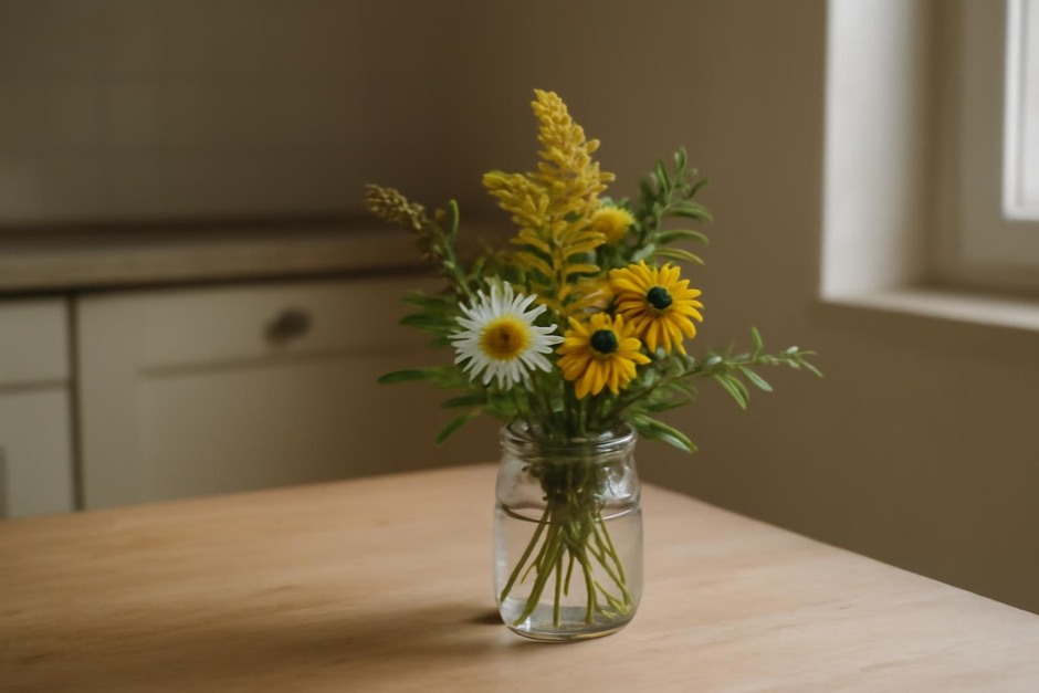 A small seasonal bouquet on a kitchen table with simple stems and foliage